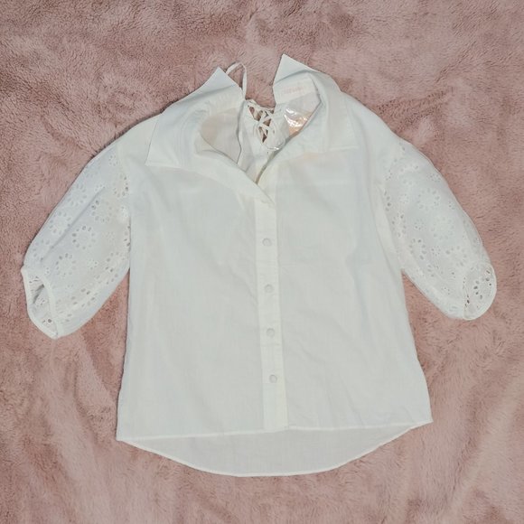 LIZ LISA White Open Back Lace Up Blouse Puff Sleeves NWT - Picture 2 of 5
